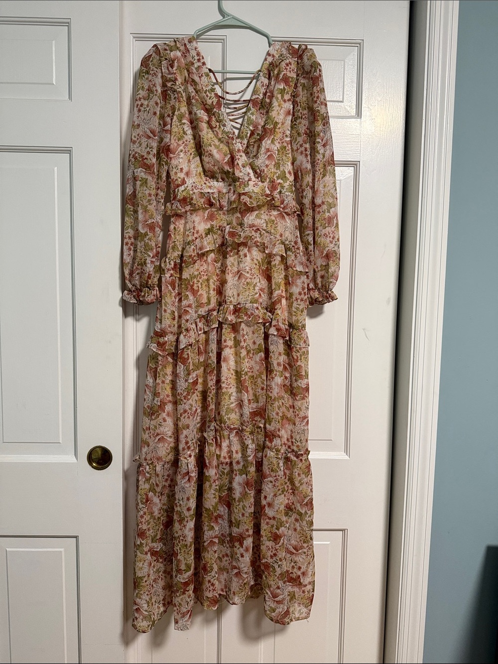 ASTR Floral Lace-Up Long Sleeve Maxi Dress - Pink/Green
